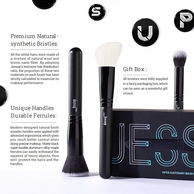 Jessup Makeup Brush Set 10pcs Black Make up Brushes Set Professional with Natural Synthetic Hair for Foundation Blending Blush Concealer Eyeshadow Eyebrow Eyeliner, T323-FemmiqueWomen