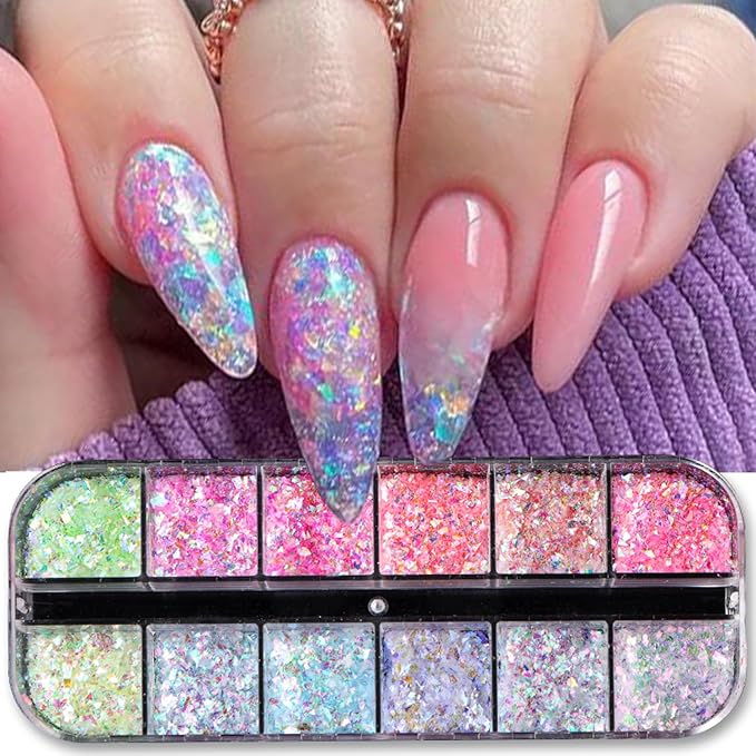 12 Colors Mermaid nail art glitter sequins Iridescent Ice Slag nail glitter flakes Ultra Thin Nail Art Designs 3D holographic nail sequins for Nail Art Supplies Manicure Decoration Accessories-FemmiqueWomen