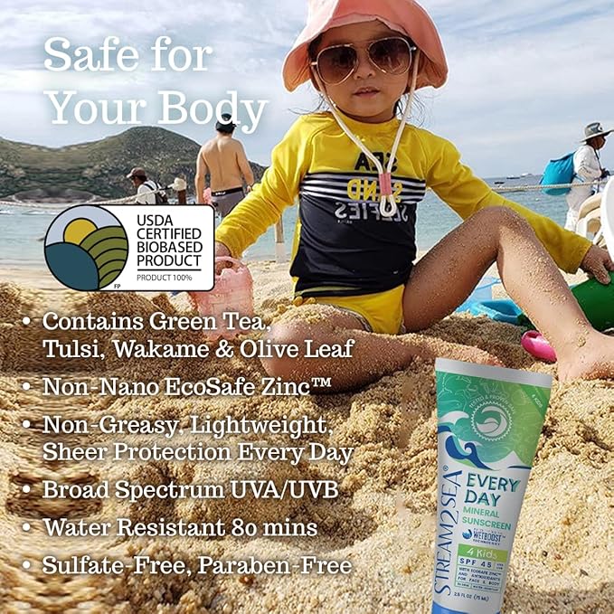 SPF 45 Every Day Kids Mineral Sunscreen | 2.5 Fl Oz Biodegradable, Paraben Free & Reef Safe Sunscreen for Face & Body for Kids | Non-Greasy, Lightweight & Sheer Mineral Protection Against UVA & UVB-FemmiqueWomen