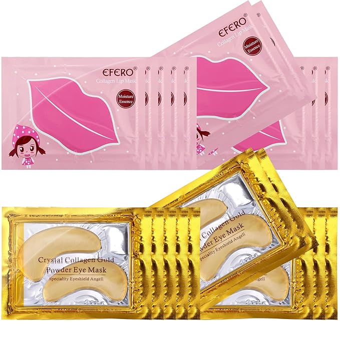 20 Pack Collagen Crystal Lip Masks, Gold Under Eye Masks Set Natural Moisturizing Gel Anti-Aging Anti Chapped Hydrating Reducing Puffiness Dark Circles and Wrinkles Lip Eye Pads for Women Men-FemmiqueWomen