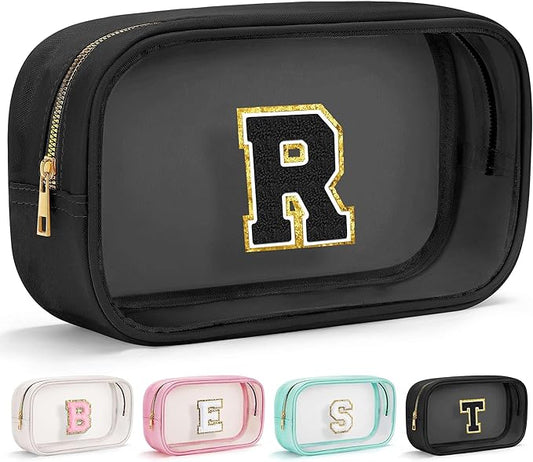 YOOLIFE Initial Travel Makeup Bag Pouch, Clear Toiletry Bag for Women Travel Accessories Cosmetic Bag Skin Care for Teen Make Up Bags Birthday Gifts for Women Unique Teacher Mom Friends Gifts Black R-FemmiqueWomen