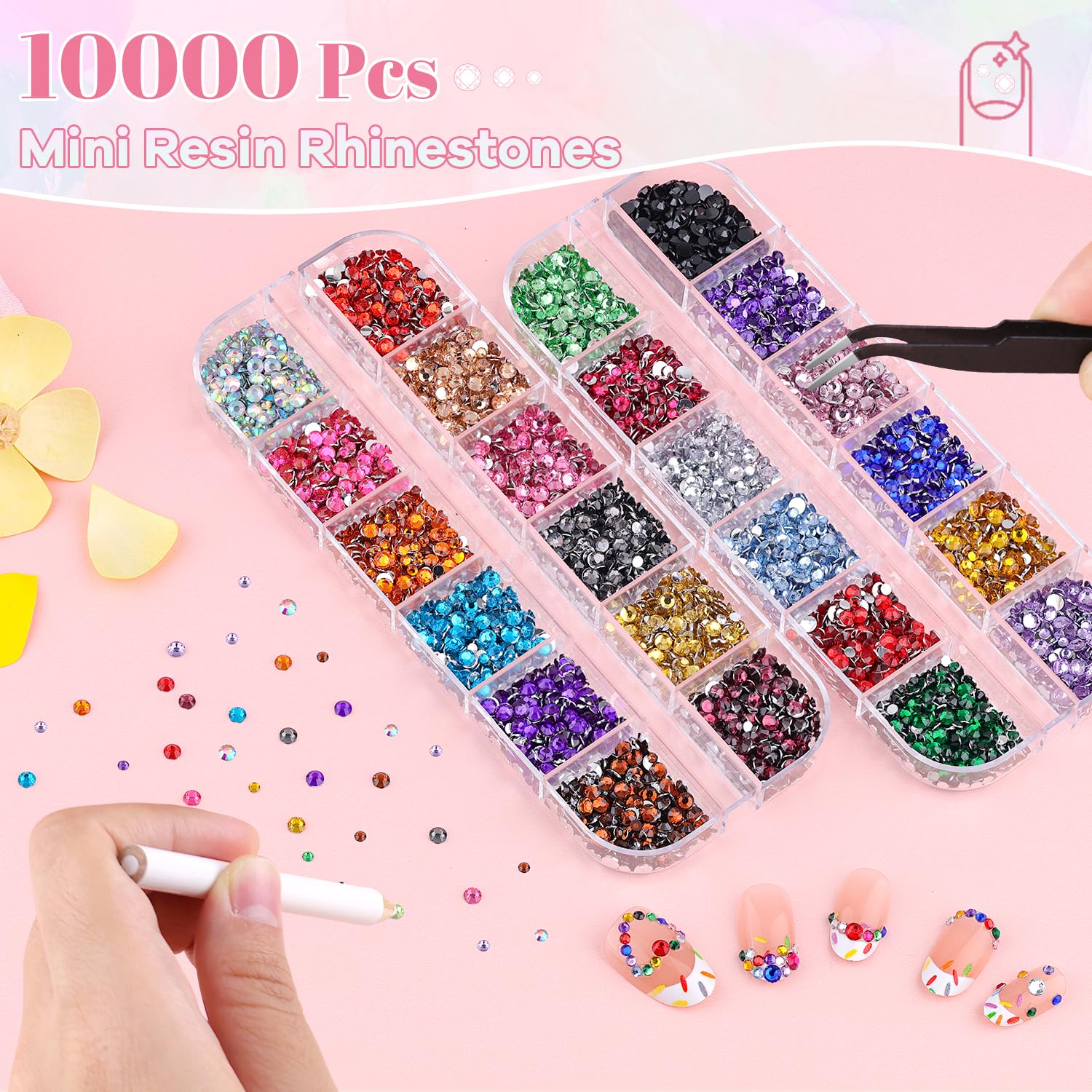 10000Pcs Small Resin Rhinestones for Nail Art with 15ML Nails Rhinestone Glue, Colorful 2/3MM Flatback Bedazzling Gems, Nail Rhinestones and Gems Crystals Charms for Acrylic Tips Manicure Decor-FemmiqueWomen