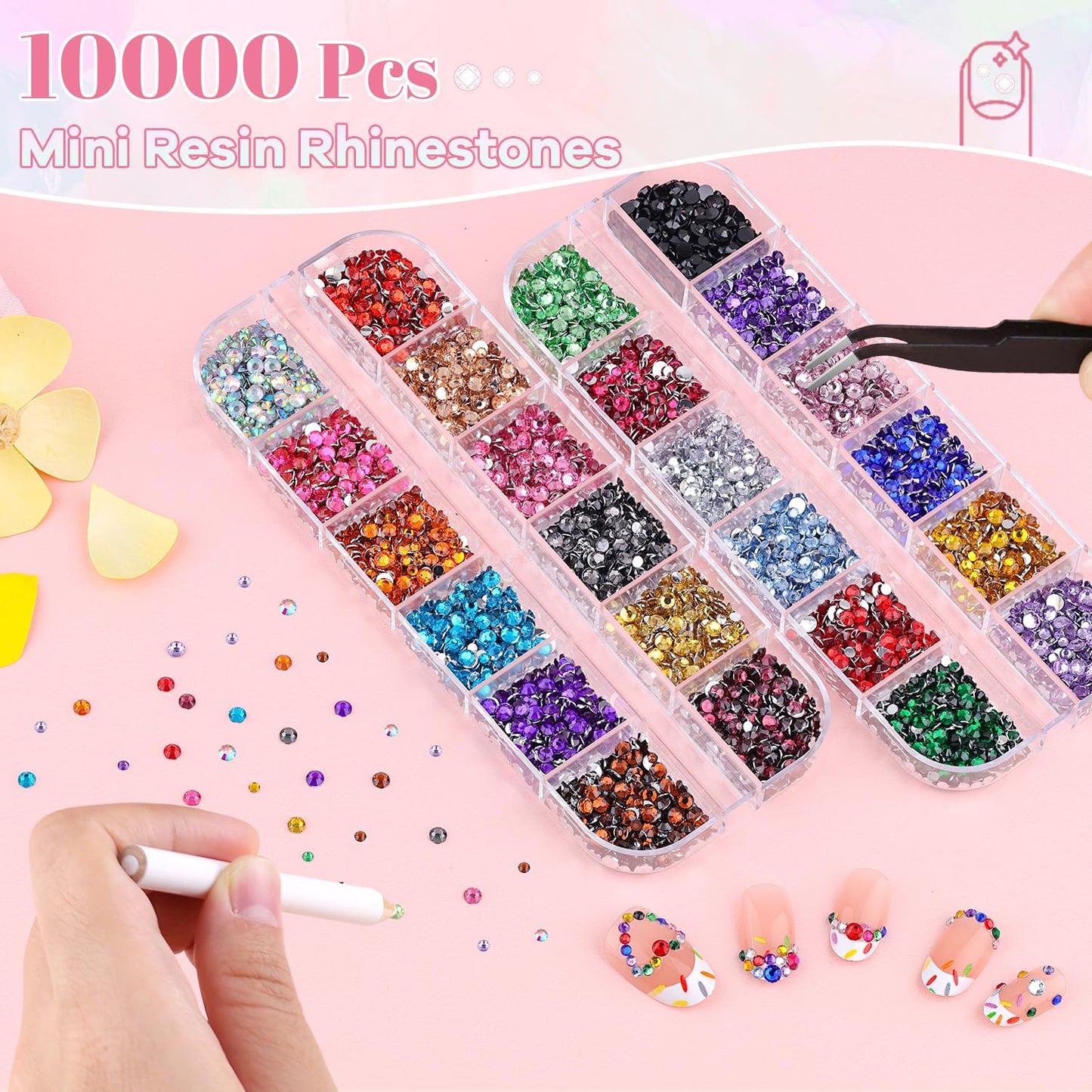10000Pcs Small Resin Rhinestones for Nail Art, Colorful 2/3MM Flatback Bedazzling Gems, Nail Rhinestones and Gems Crystals Charms for Acrylic Tips Manicure Decor-FemmiqueWomen