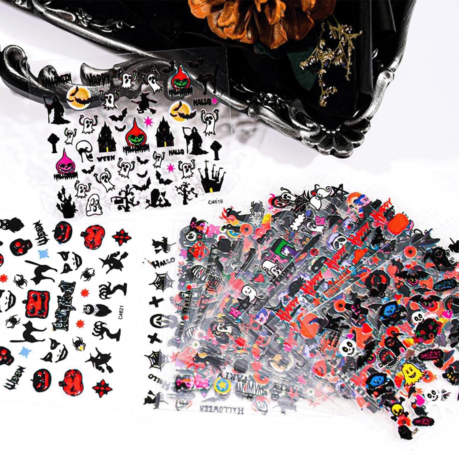 30 Sheets Halloween Nail Stickers 3D Self Adhesive Halloween Nail Decals Ghost Spider Nail Art Stickers Pumpkin Bat Nail Design Nail Art Supplies for Acrylic Nails Decorations for Women-FemmiqueWomen