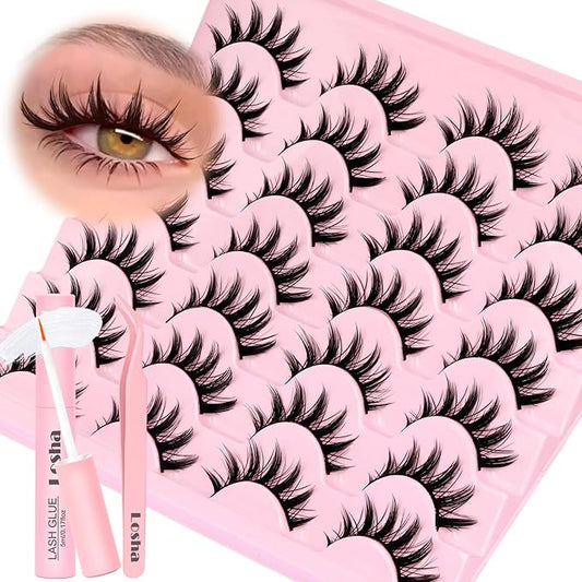 Losha Lashes Spiky Manga Lashes 14 Pairs Wispy False Eyelashes Natural Eye Lashes Kit with Lash Glue and Lash Tweezers Soft Anime Fake Eyelashes (Fairy)-FemmiqueWomen