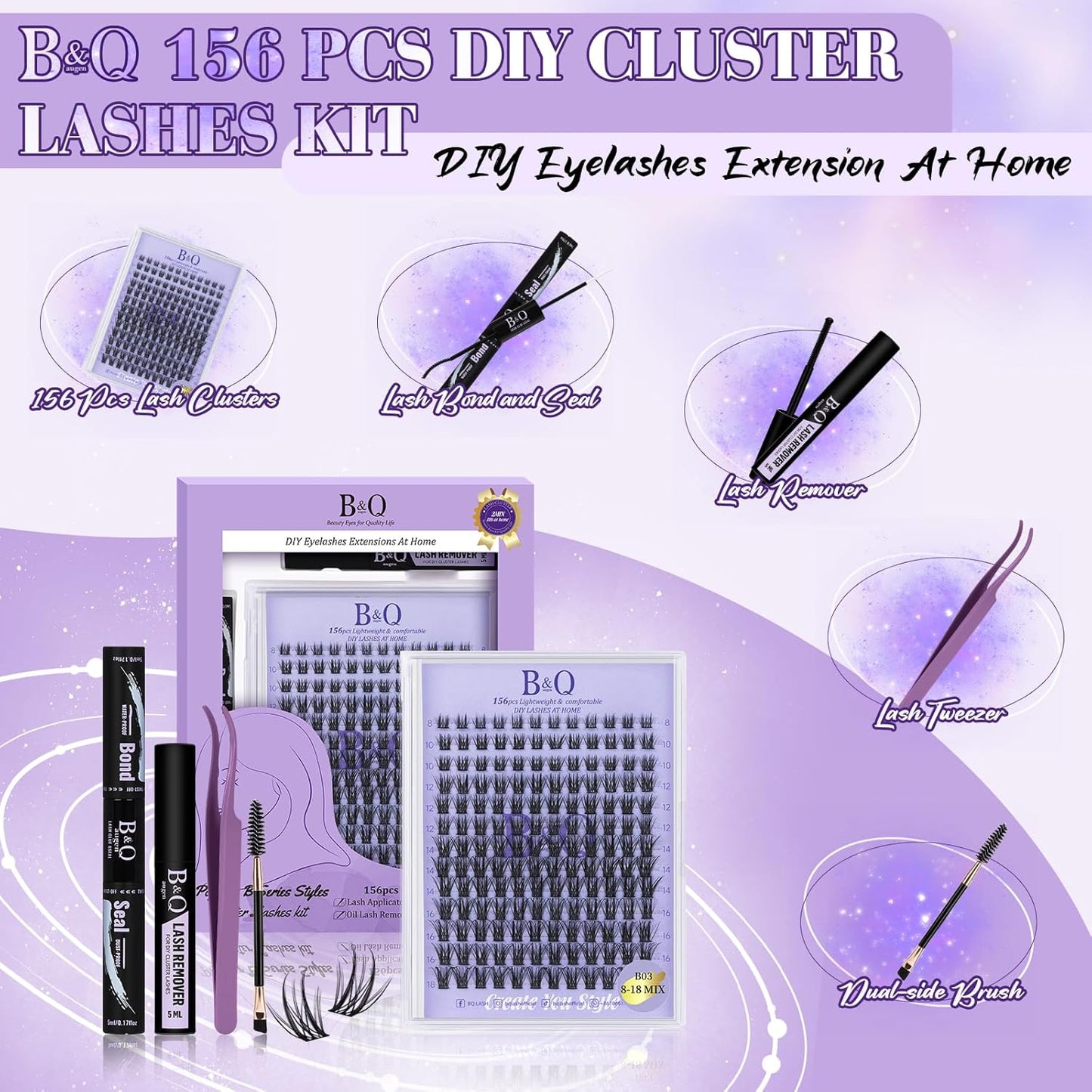 Lash Extension Kit B03 Eyelash Extension Kit B&Qaugen DIY Lash Extension Kit 156 PCS Lash Clusters 8-18mm Cluster Eyelash Extensions Kit with Lash Bond and Seal Lash Applicator Tool (Kit,B03)-FemmiqueWomen