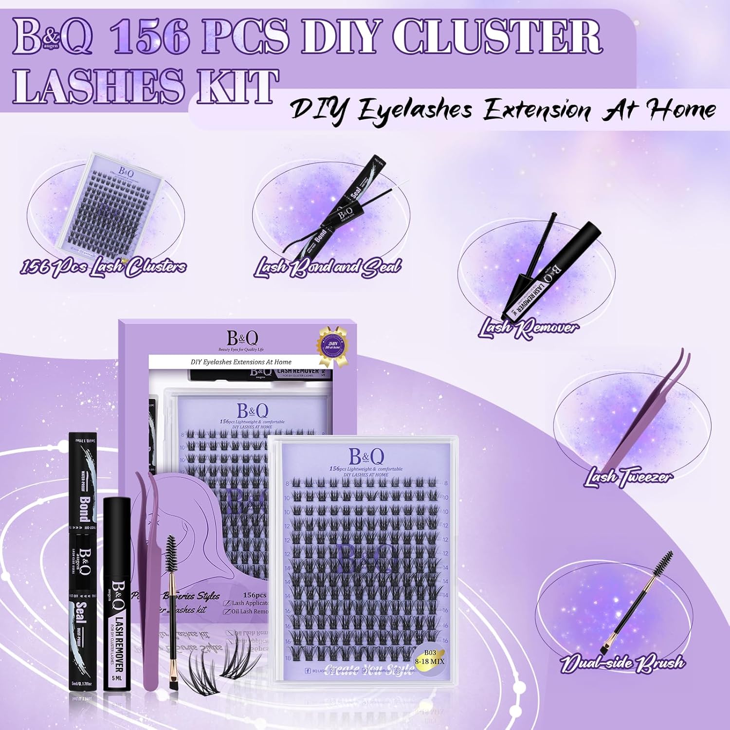 Lash Extension Kit B03 Eyelash Extension Kit B&Qaugen DIY Lash Extension Kit 156 PCS Lash Clusters 8-18mm Cluster Eyelash Extensions Kit with Lash Bond and Seal Lash Applicator Tool (Kit,B03)-FemmiqueWomen