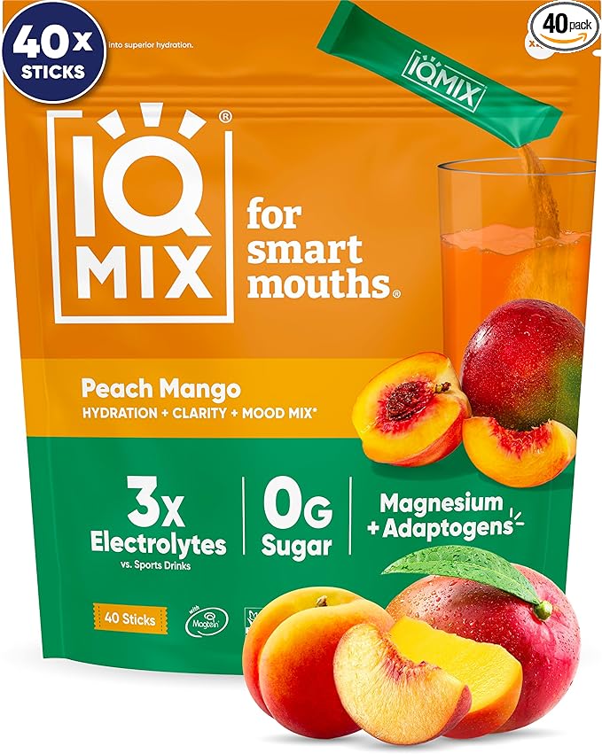 IQMIX Hydration Electrolyte Powder – 4-in-1 Formula for Hydration, Mental Clarity, Mood and Recovery – Sugar-Free Drink Mix, Keto, Magnesium L-Threonate, Lion’s Mane – 40 Count Peach Mango-FemmiqueWomen