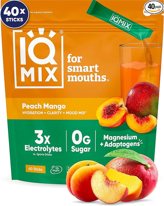 IQMIX Hydration Electrolyte Powder – 4-in-1 Formula for Hydration, Mental Clarity, Mood and Recovery – Sugar-Free Drink Mix, Keto, Magnesium L-Threonate, Lion’s Mane – 40 Count Peach Mango-FemmiqueWomen
