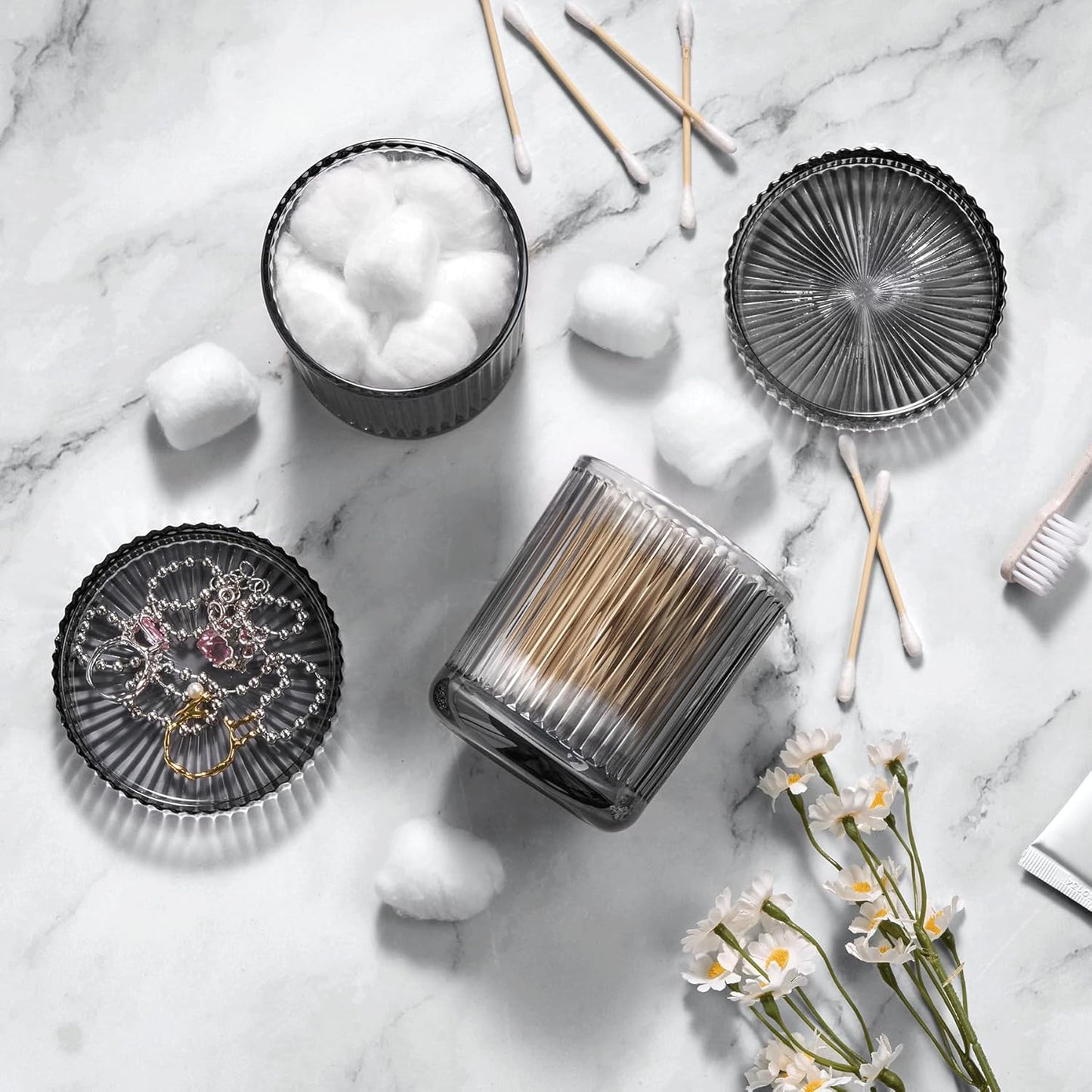 2 Pack Qtip Holder - Apothecary Jars with Lids, Bathroom Organizers and Storage Canister for Cotton Balls,Swabs,Floss Picks,Hair Ties,Clear Glass Vintage Bathroom Decor Jar Set (Gray)-FemmiqueWomen