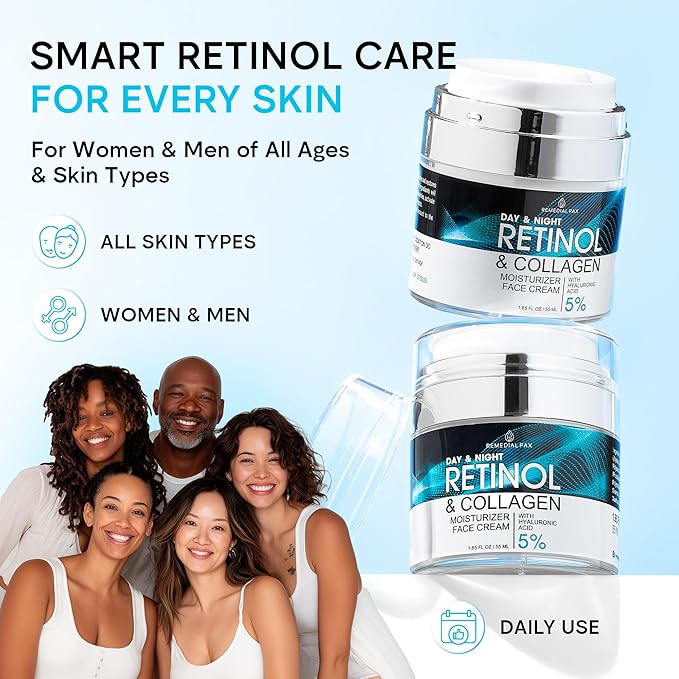 Face Moisturizer Retinol Cream, Anti Aging Neck Firming Cream, Collagen Day & Night Face Cream with Hyaluronic Acid for Women & Men, 1.85 Fl Oz-FemmiqueWomen