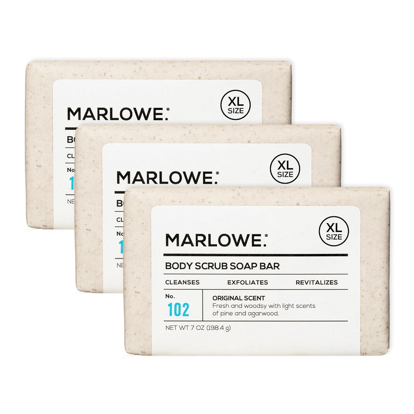 MARLOWE. No. 102 Body Scrub Soap 7 oz (3 Bars), Exfoliating Soap Bar with Shea Butter, Olive Oil & Green Tea Extracts, Cleanses, Smooths & Revitalizes Skin, Original Sage & Fir Scent-FemmiqueWomen