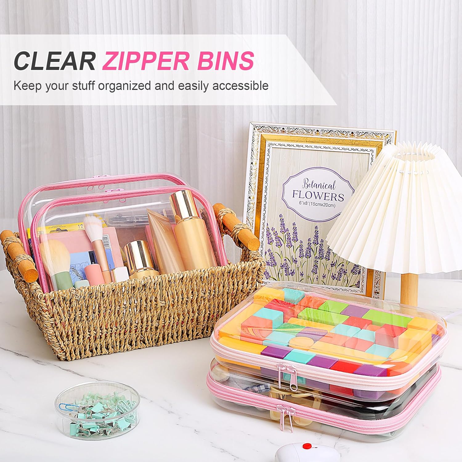 Hoolerry 4 Pcs Hard Clear Zipper Case Makeup Bags Plastic Pencil Pouch Transparent Storage Box Containers for Cosmetics, Snacks, Building Blocks, Puzzles(Pink,9.8 x 7.9 x 2 in)-FemmiqueWomen