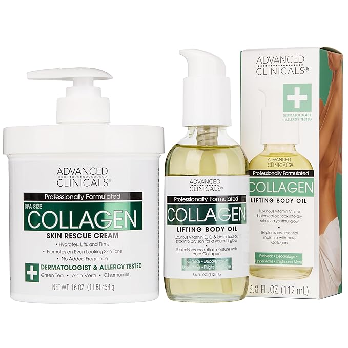 Advanced Clinicals Collagen Body Oil + Unscented Collagen Cream Body Lotion & Face Cream 2PC Beauty Skin Care Set For Women & Men For Improving Appearance Of Crepey Skin, Dry Skin, & Wrinkles, 2pc-FemmiqueWomen