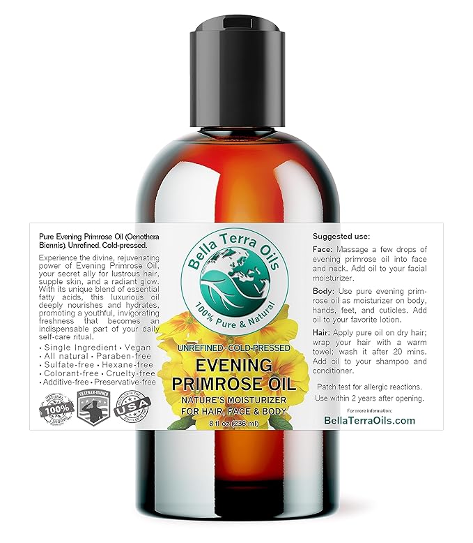 Bella Terra Oils - Organic Evening Primrose Oil 8 oz - Harvested for Excellence, Packed with Nutrients & Omega-6, Perfect Elixir for Enhancing Natural Beauty-FemmiqueWomen