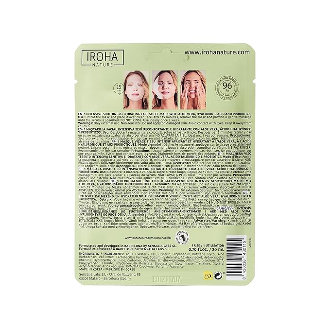 IROHA NATURE Comforting & Hydrating Tissue Face Mask with Aloe Vera | 15 Pieces | Aftersun Effect | 96% Natural Ingredients-FemmiqueWomen