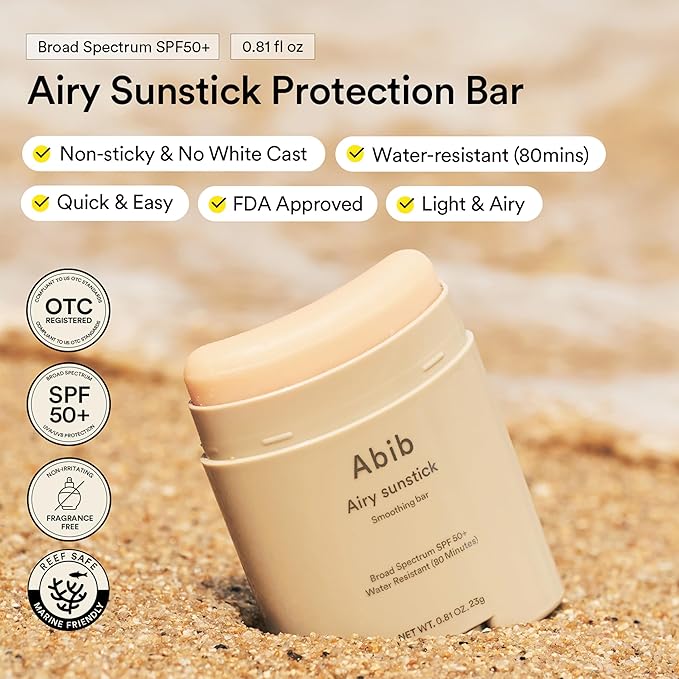 Abib Airy Sunstick Protection Bar Broad Spectrum SPF50+ 0.81 oz / 23 g (Semi-matte) | Korean Suncreen Stick Suncare Sunblock, No Whitecast, Protector Solar Barra, Water resistant-FemmiqueWomen