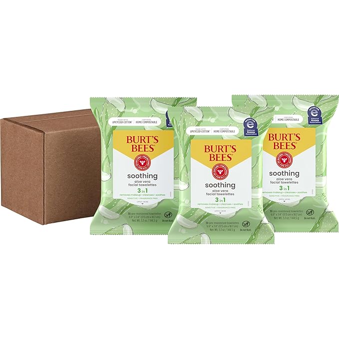 Burt's Bees Back To School Dorm Essentials, Aloe Vera Face Wipes, for Sensitive Skin, Soothing Makeup Remover & Facial Cleansing Towelettes, 30 Ct. (3-Pack)-FemmiqueWomen