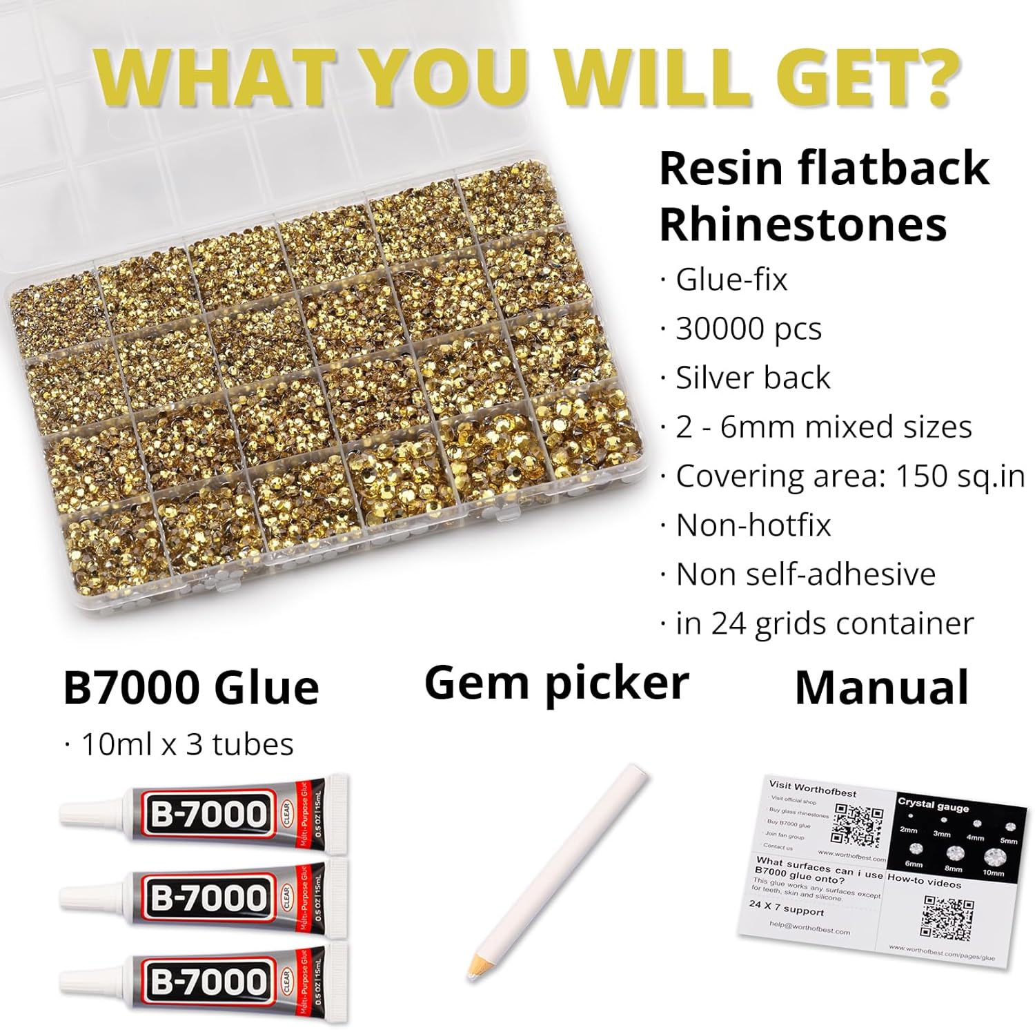 30000Pcs Resin Rhinestones Set for Crafting Bedazzling, Citrine Flatback Gems Jewels for Crafts Clothes Shoes Fabric Outfit Nails Makeup, Flat Back Crystal 2-6mm with b 7000 Glue-FemmiqueWomen