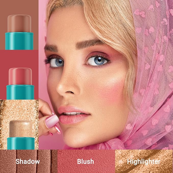 3Pcs Cream Contour Stick, with Highlighter Stick Milk Bronzer Stick Blush Stick, Face Contour Stick with Makeup Brush and Sponge, Easy to Sculpt the Face, Long Lasting, Waterproof-FemmiqueWomen