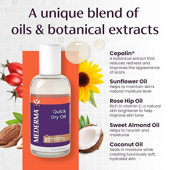 Mederma Quick Dry Oil, Scar and Stretch Mark Treatment, Helps to Improve the Appearance of Scars and Stretch Marks, with Natural Botanical Extracts, Paraben Free, Fast-Absorbing, 2.02oz (60ml)-FemmiqueWomen