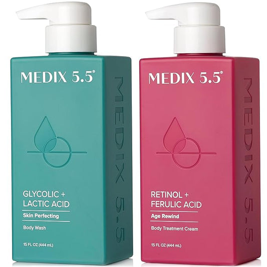 MEDIX 5.5 Exfoliating AHA Glycolic Acid Face & Body Scrub Cleanser + Retinol Moisturizing Body Cream Lotion Skin Care 2PC Set | Alpha Hydroxy Acid & Lactic Acid Foaming Body Wash & Face Wash, 2-PC-FemmiqueWomen