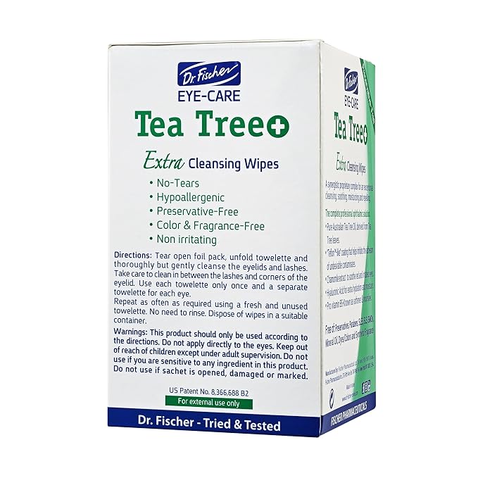 Dr. Fischer Tea Tree Oil Eye Wipes - Eyelid Wipes for Sensitive Eyes with Hyaluronic Acid and Chamomile, Makeup Remover, Daily Cleanser (30 wipes)-FemmiqueWomen