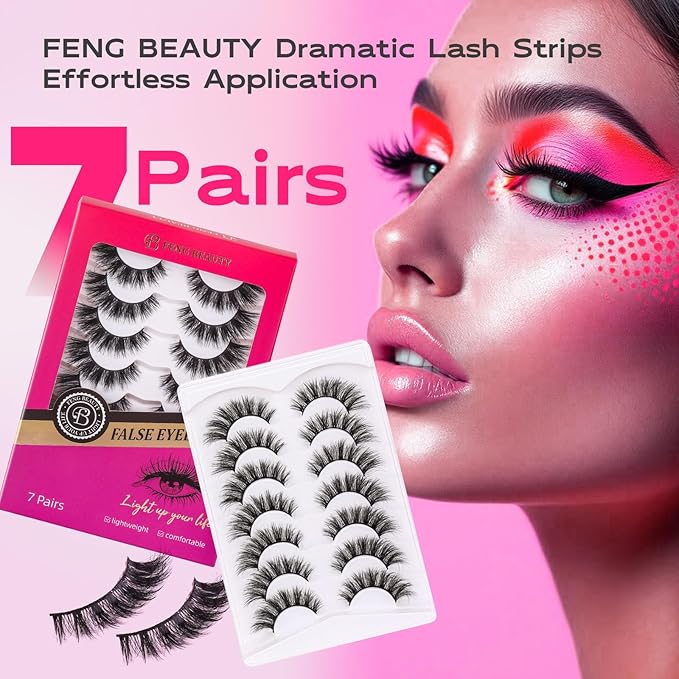 Dramatic Cat Eye Lashes - Fluffy Volume False Eyelashes with Lightweight Comfort, Easy Apply Winged Style (8-16mm), Reusable Glam Lashes for All Eye Shapes, 7 Pairs Full-Strip Lashes-FemmiqueWomen