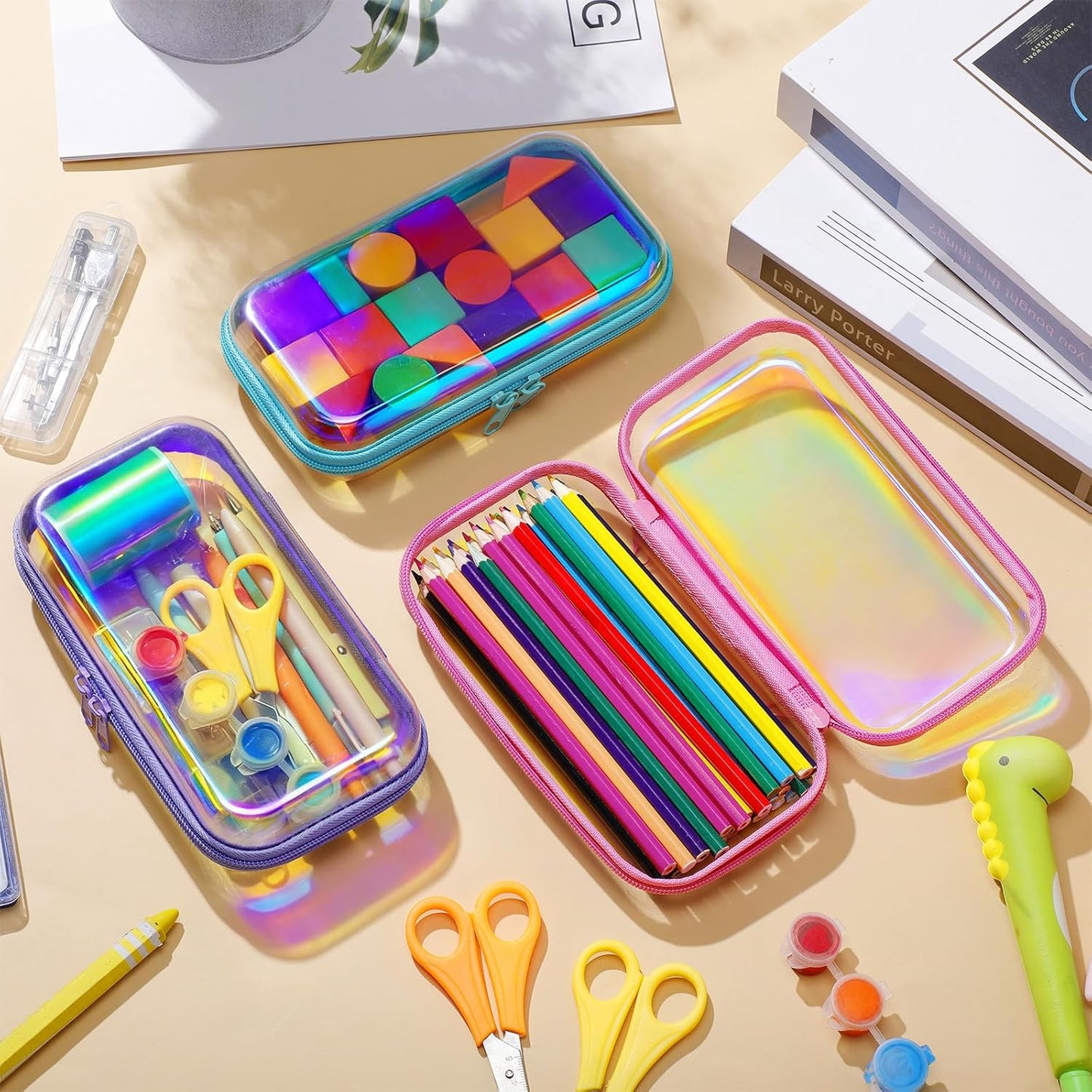 Hoolerry 3 Pcs Clear Hard Zipper Case Plastic Pouch Transparent Hard Case Clear Makeup Bag Portable Travel Organizer Bin for Cosmetics, Building Blocks, Puzzles(Laser,S)-FemmiqueWomen