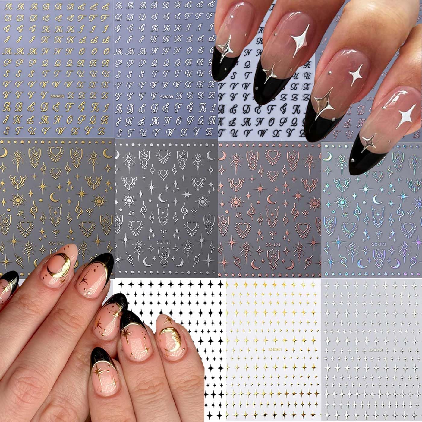 12 Sheets Star Nail Stickers Moon Letter Nail Art Stickers 3D Embossed Self Adhesive Nail Decals Rose Gold Silver Holographic Nails Design Nail Art Decals for Women Manicure DIY Decoration-FemmiqueWomen