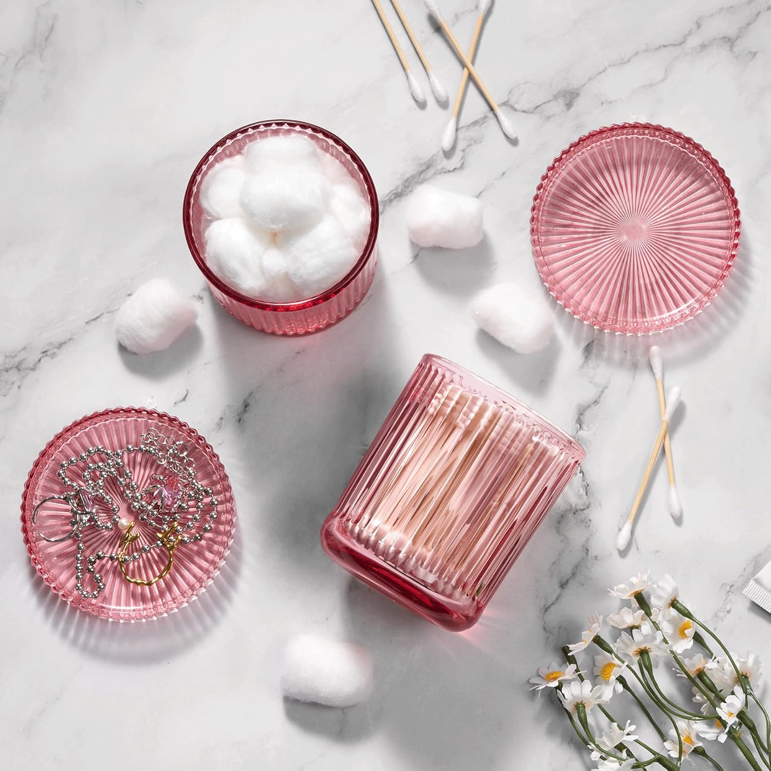 2 Pack Qtip Holders for Bathroom, Clear Glass Apothecary Jars with Lids,Vintage Bathroom Canisters for Cotton Balls,Swabs,Floss Picks,Hair Ties,Vanity Organizer and Storage Decor (Pink)-FemmiqueWomen