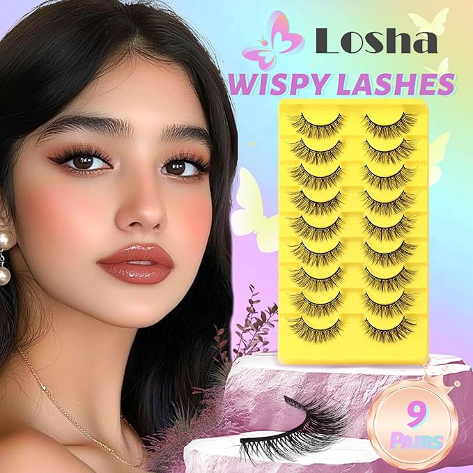 Losha Lashes Wispy Cat Eye Lashes 3D Natural False Eyelashes 9 Pairs Thin Faux Mink Lashes Pack Soft Lightweight Fake Eyelashes (Wispies)-FemmiqueWomen
