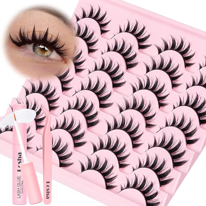 Losha Lashes Spiky Manga Lashes 14 Pairs Anime False Eyelashes 8D Wispy Eye Lashes Kit with Lash Glue and Lash Tweezers Natural Soft Fake Eyelashes (Cutes)-FemmiqueWomen