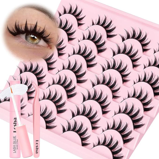 Losha Lashes Spiky Manga Lashes 14 Pairs Anime False Eyelashes 8D Wispy Eye Lashes Kit with Lash Glue and Lash Tweezers Natural Soft Fake Eyelashes (Cutes)-FemmiqueWomen