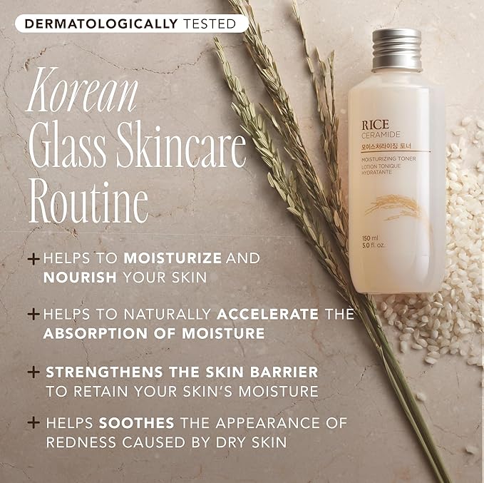 The Face Shop Rice Ceramide Moisturizing Toner - Rice Extract Rice Toner for Face - Strengthens Skin Barrier - Hydrating Targets Dryness - Lightweight Face Moisturizer - Glow Essence Korean Skin Care-FemmiqueWomen