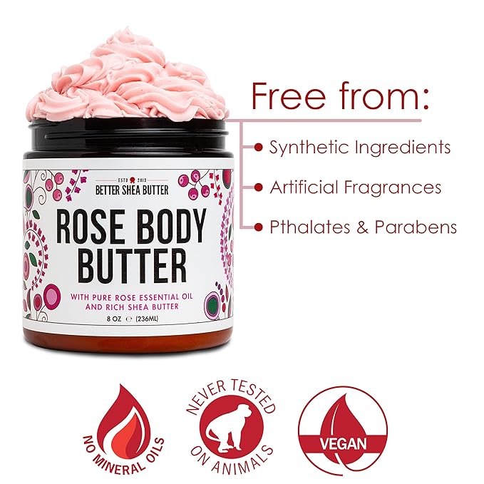 Rose Body Butter for Dry Skin with Whipped Shea Butter and Pure Essential Oil | Ultra Hydrating Rose Lotion for Women | All Natural Moisturizer with No Synthetic Fragrances-FemmiqueWomen