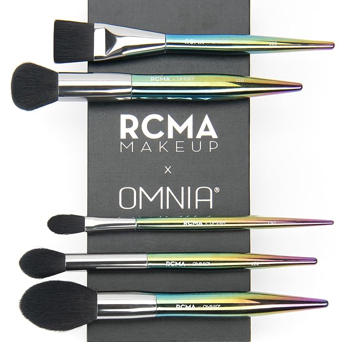 RCMA Makeup x Omnia Professional Makeup Brush 5pc Set, Premium Synthetic Fiber, Iridescent Acrylic Handle, Face Powders, Complexion and Foundation Blending Application Brush set.-FemmiqueWomen