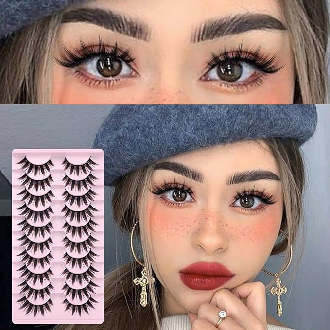 False Eyelashes 10 Pairs Manga Lashes Japanese Style Anime Thick Cosplay Lashes Natural Look 16MM Spiky 8D Wispy Faux Mink Lashes Full Strip Doll Lashes by FANXITON-FemmiqueWomen