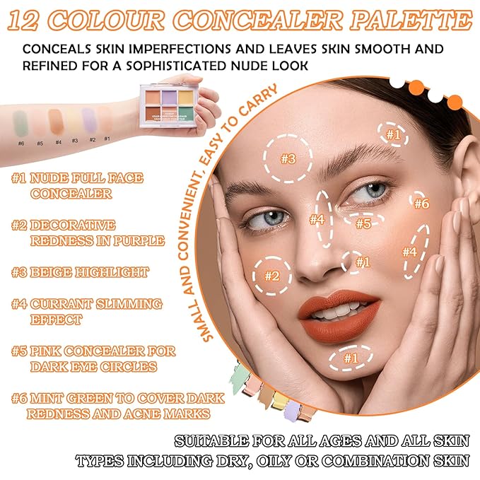 12 Colors Correcting Concealer Contour Makeup Palette, 6 in 1 Color Corrector Palette,Highlighting Concealer Palette Contouring Liquid Foundation Makeup Kit with Brush（2PCS）-FemmiqueWomen