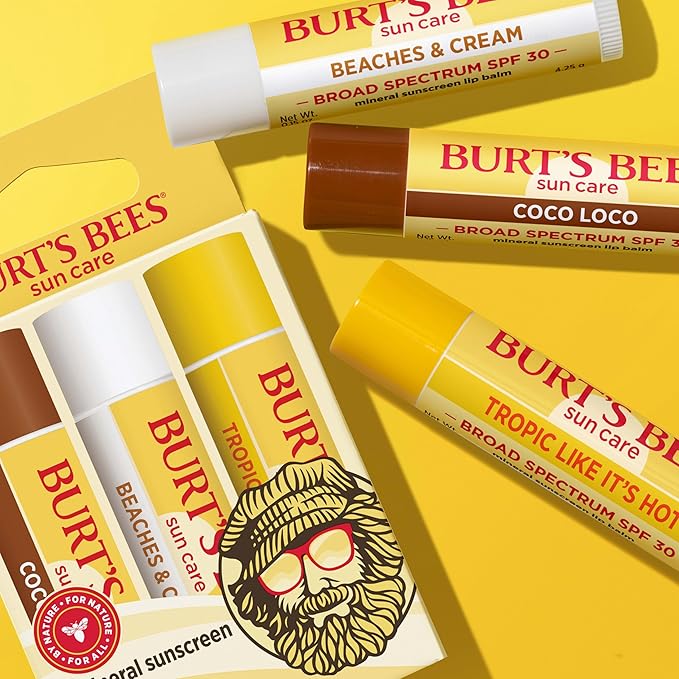 Burt’s Bees SPF 30 Lip Balm Mothers Day Gifts for Mom, Beaches and Cream, Water-Resistant Sun Care, Nano-Free Zinc Oxide Formula, Natural Origin Conditioning Lip Treatment, 3 Tubes, 0.15 oz.-FemmiqueWomen