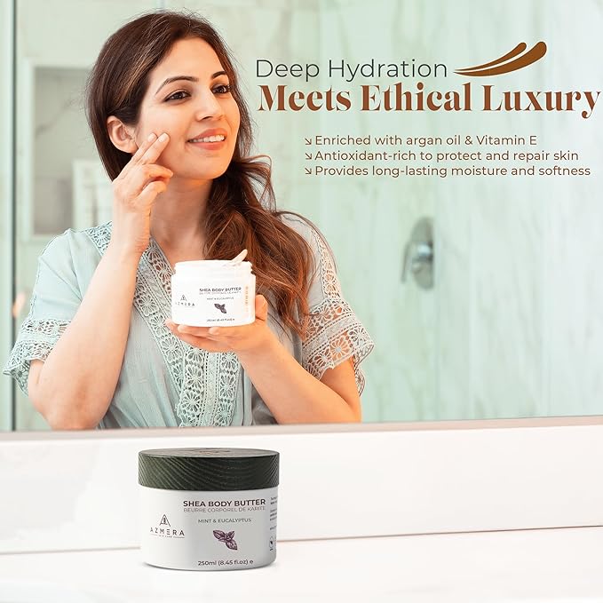 AZMERA Handcrafted Whipped Shea Body Butter – Refreshing Mint & Eucalyptus Scented Moisturizer for Dry, Sensitive Skin, Argan Oil & Vitamin E – Vegan, Non-Greasy Skincare – 8.82 oz-FemmiqueWomen