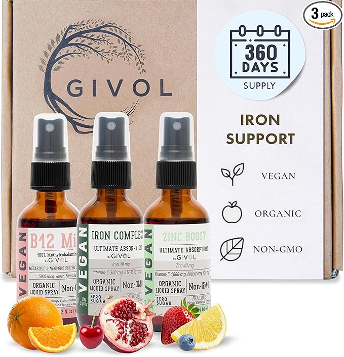 Iron Support Spray Bundle Liquid Vitamin B12 Methylcobalamin, Zinc Picolinate, and Bisglycinate | Non-GMO, Gluten-Free, Sugar-Free Iron Supplement | 2 Fl Oz Each | 360 Days Supply-FemmiqueWomen