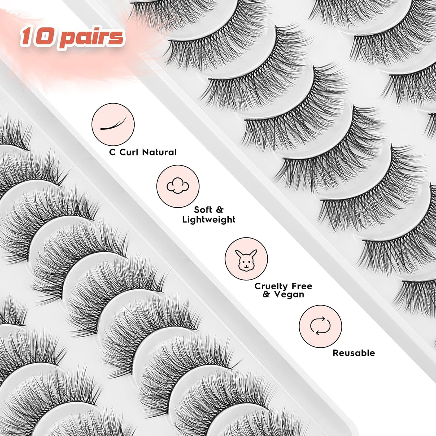 Natural Lashes Wispy False Eyelashes Short Lashes Soft Strip Lashes C Curl Eye Lashes Natural 10mm Short Eyelashes 10 Pair Eye Lashes Pack Siligli-FemmiqueWomen