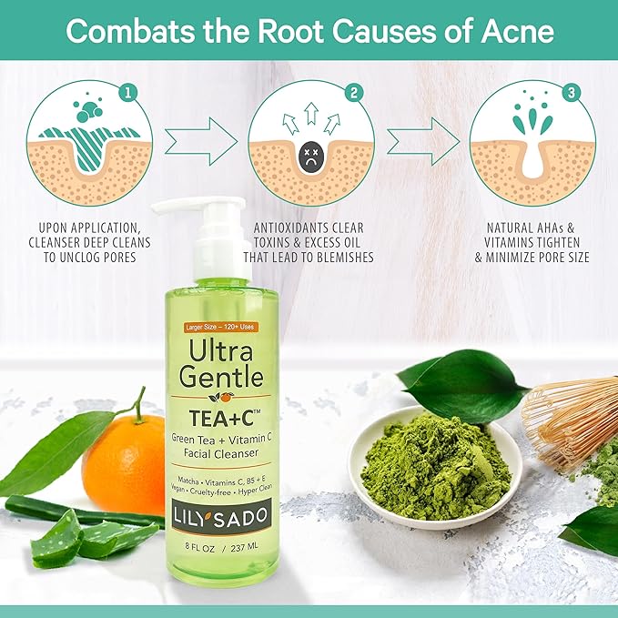 LILY SADO TEA+C™ Green Tea & Vitamin C Face Cleanser – Natural Vegan Antioxidant Daily Face Wash with Aloe, Rosehip, Meadowfoam - Gentle Deep Cleansing for Acne, Blackheads, Blemishes. 8 oz-FemmiqueWomen