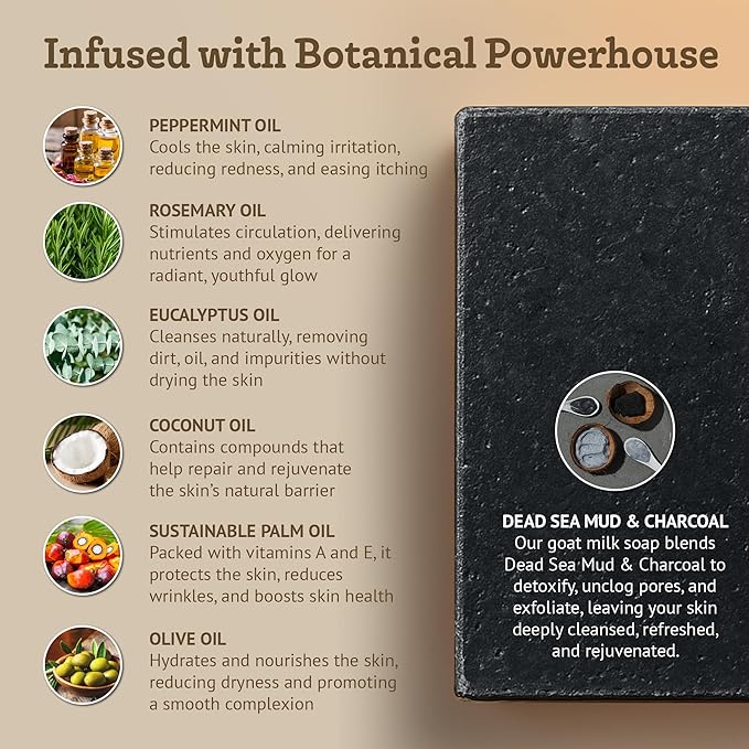 Southern Natural Activated Charcoal Soap Bar (3 Pack) Face and Body Soap For Sensitive Skin With Dead Sea Mud, Goat Milk & Peppermint Essential Oil-FemmiqueWomen