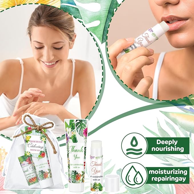 200 Pcs Baby Shower Wedding Party Favors Gift Set, 50 Pcs Baby Shower Hand Cream and 50 Lip Balm for Wedding Bridesmaid Guests Gift Supplies with 50 Organza Bag 50 Thank You Tag(Tropical)-FemmiqueWomen