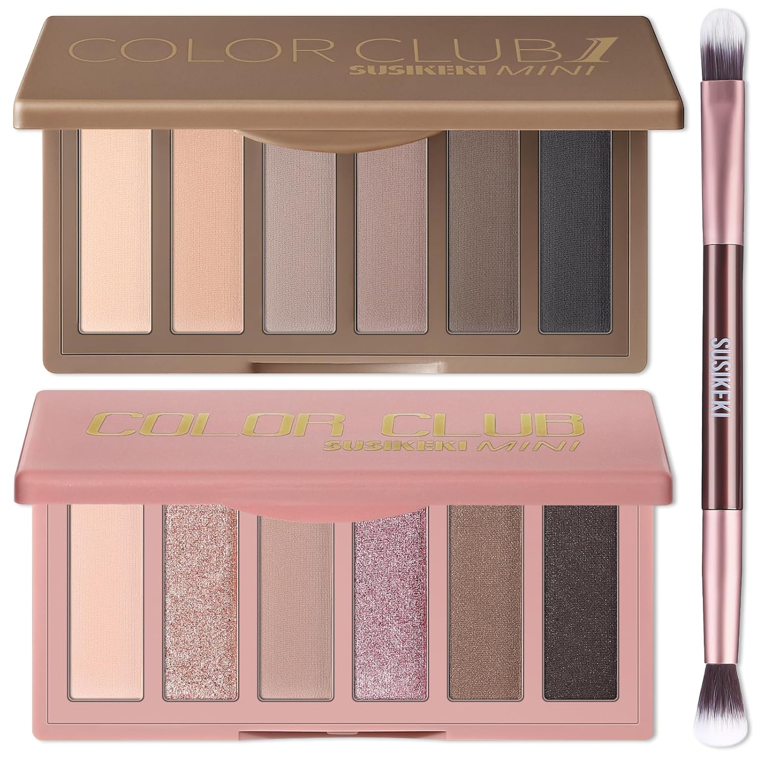 2PCS 6 Colors Mini Eyeshadow Palette Makeup with Brush Set Neutral Nude Eye Shadow Pink & Brown Matte Shimmer Make Up Pallet with Mirror Highly Pigmented Travel Size Gift Kit-FemmiqueWomen