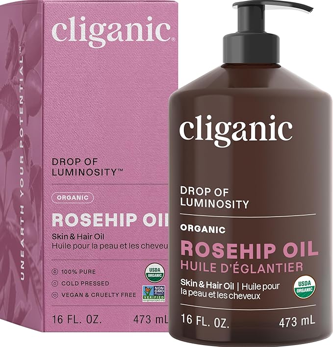 Cliganic Organic Rosehip Seed Oil 16oz with Pump for Face, Hair & Body, 100% Pure (Packaging May Vary)-FemmiqueWomen