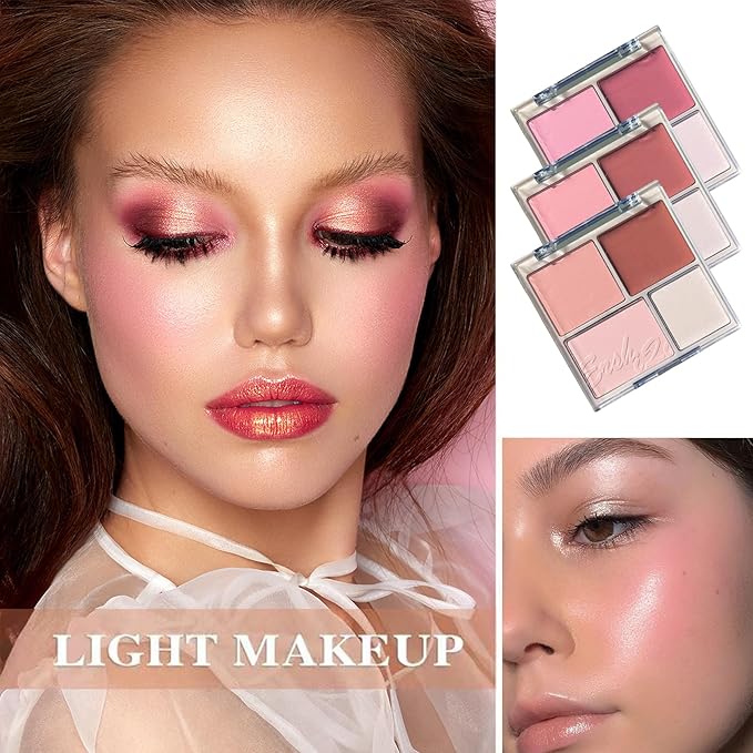 3Pcs 4 Colors Blush Palette,Matte Contour Makeup Blush for Cheeks,Waterproofing Highly Pigmented Face Cheek Blusher with Make Up Brush A1-FemmiqueWomen