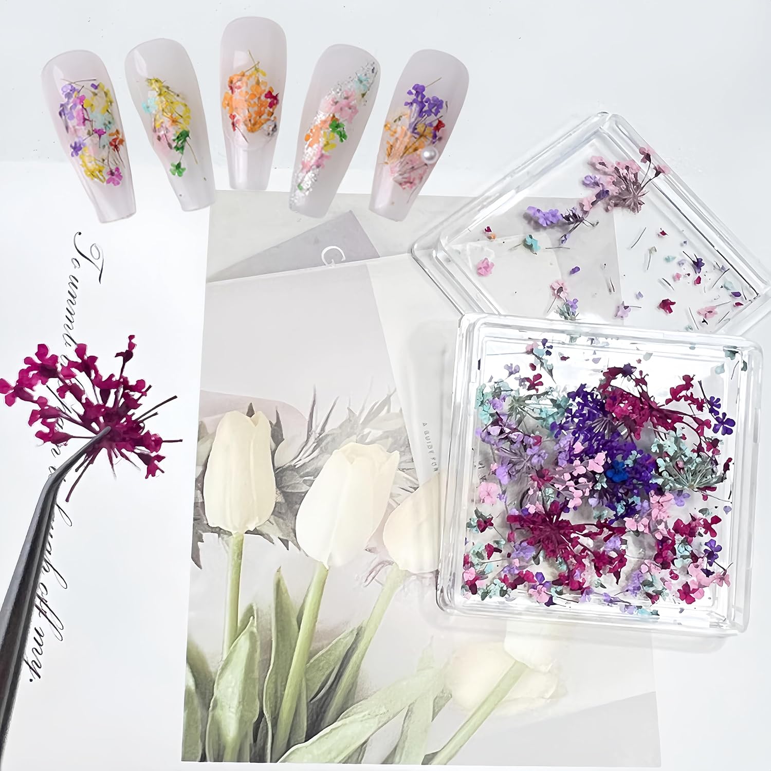 1Box Dried Flowers Nail Art Stickers 12 Colors Dry Flowers Mini Real Natural Flowers Nail Decals 3D Gypsophila Floral Nail Sticker for Women Manicure Decoration Makeup DIY Accessories-FemmiqueWomen